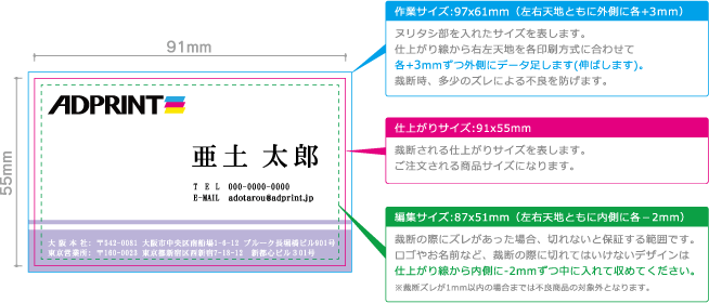 オフセット印刷の場合 / 例）91x55mm名刺